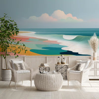 Papier peint panoramique mural représentant un horizon de plage tropicale éclatant et des vagues ondoyantes