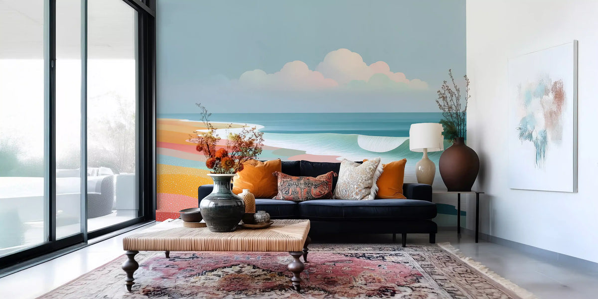 Papier peint panoramique mural représentant un horizon de plage tropicale éclatant et des vagues ondoyantes