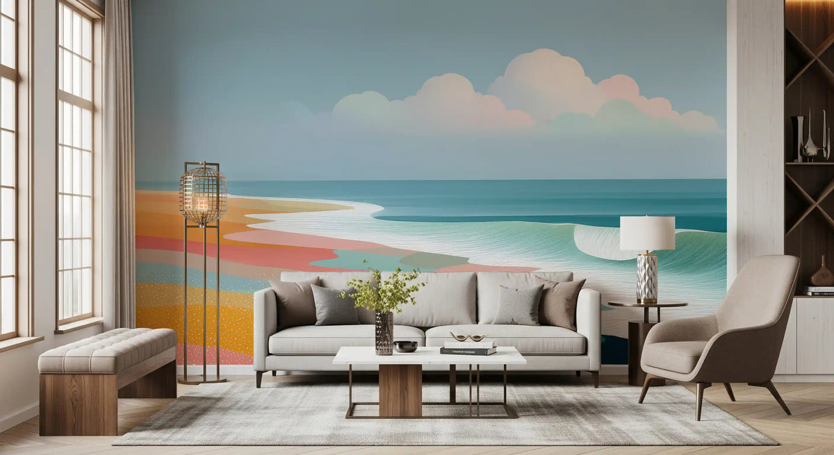 Papier peint panoramique mural représentant un horizon de plage tropicale éclatant et des vagues ondoyantes