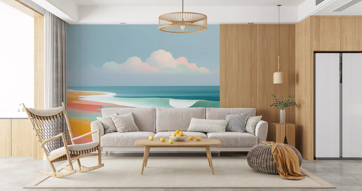 Papier peint panoramique mural représentant un horizon de plage tropicale éclatant et des vagues ondoyantes