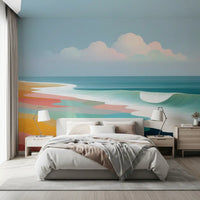 Papier peint panoramique mural représentant un horizon de plage tropicale éclatant et des vagues ondoyantes