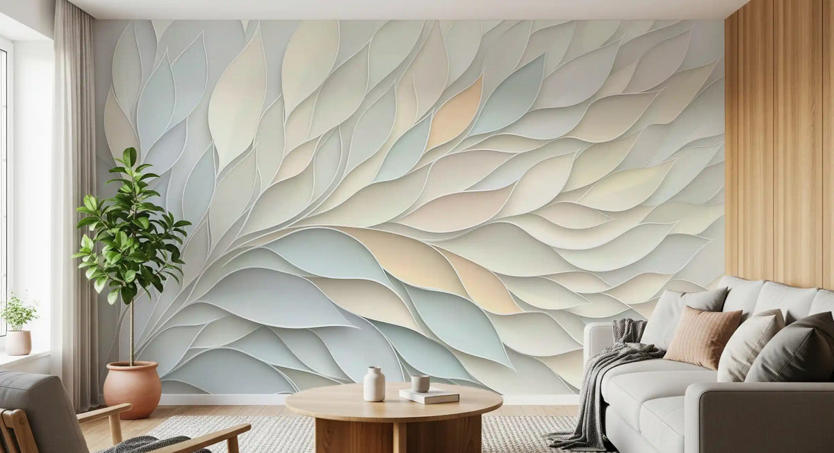 Papier peint panoramique mural botanique aux formes fluides dans des tons pastel doux