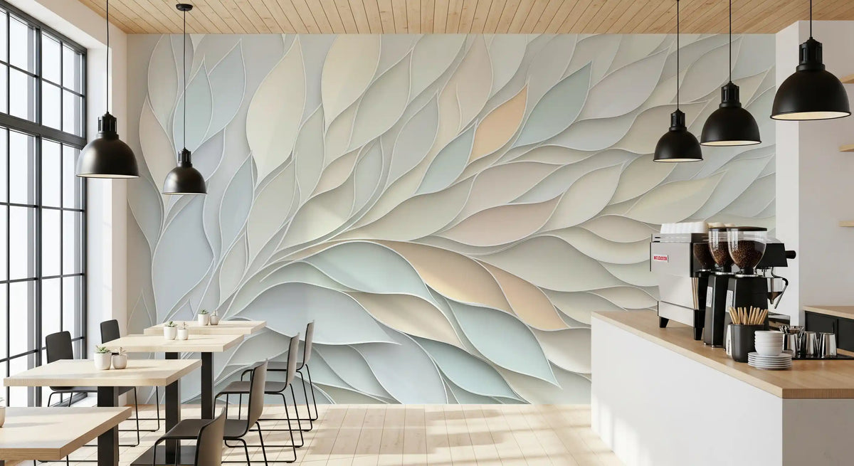 Papier peint panoramique mural botanique aux formes fluides dans des tons pastel doux