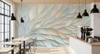 Papier peint panoramique mural botanique aux formes fluides dans des tons pastel doux