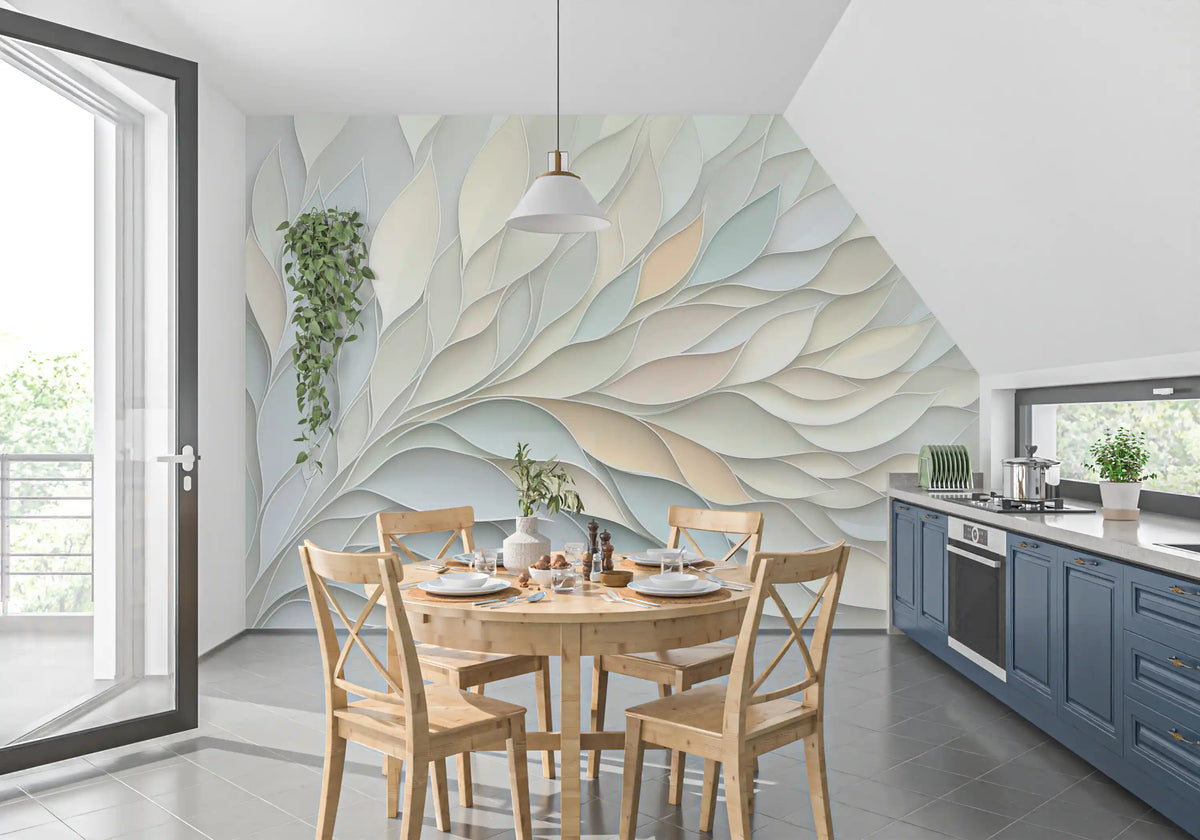 Papier peint panoramique mural botanique aux formes fluides dans des tons pastel doux