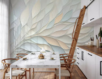 Papier peint panoramique mural botanique aux formes fluides dans des tons pastel doux