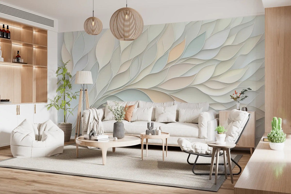 Papier peint panoramique mural botanique aux formes fluides dans des tons pastel doux