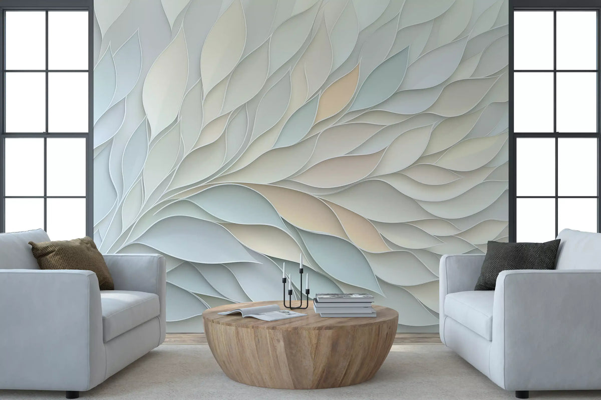 Papier peint panoramique mural botanique aux formes fluides dans des tons pastel doux