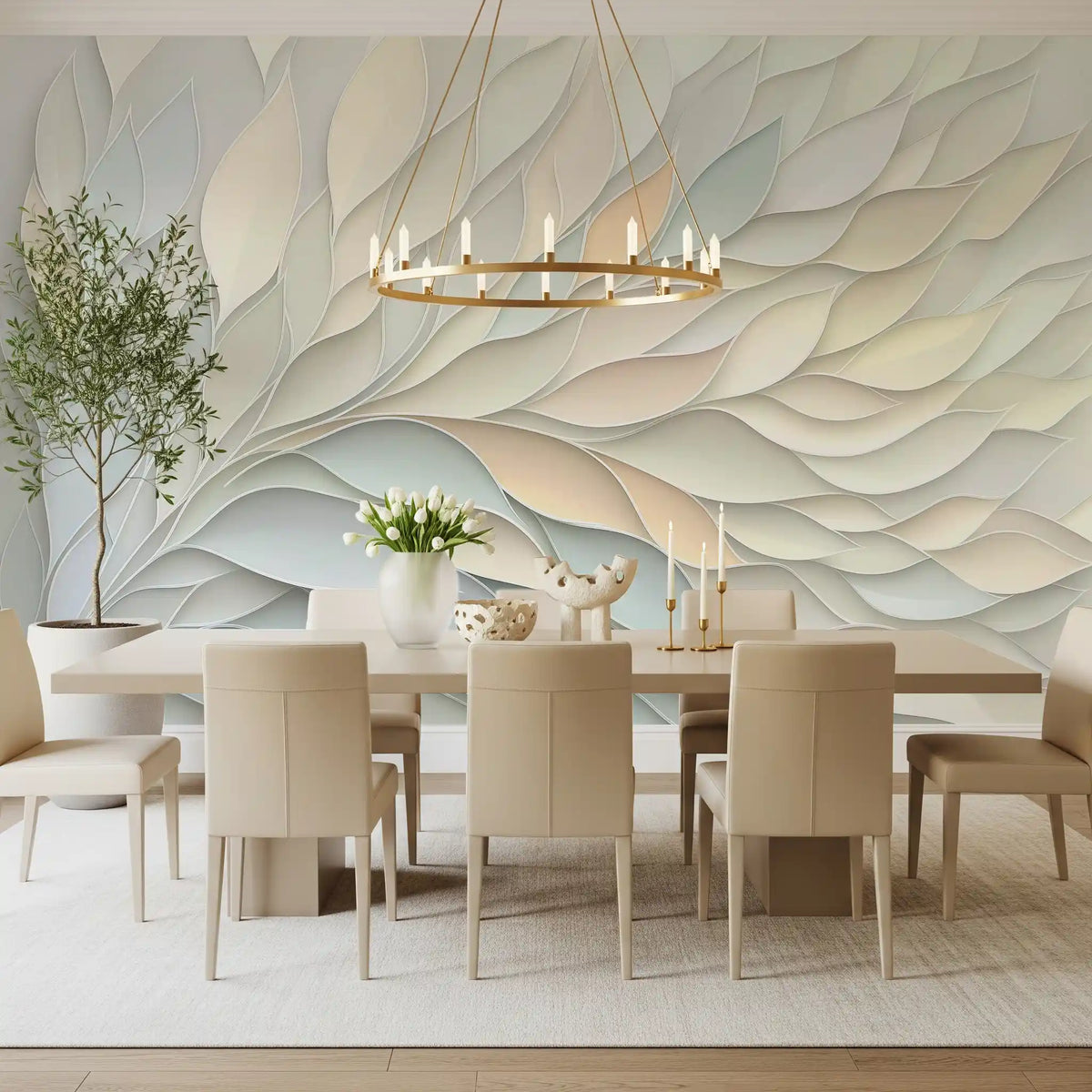 Papier peint panoramique mural botanique aux formes fluides dans des tons pastel doux