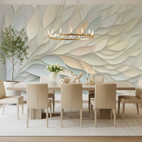 Papier peint panoramique mural botanique aux formes fluides dans des tons pastel doux