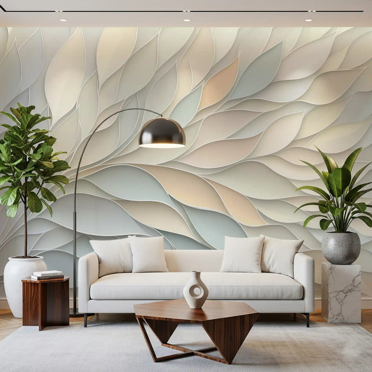 Papier peint panoramique mural botanique aux formes fluides dans des tons pastel doux