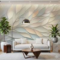 Papier peint panoramique mural botanique aux formes fluides dans des tons pastel doux