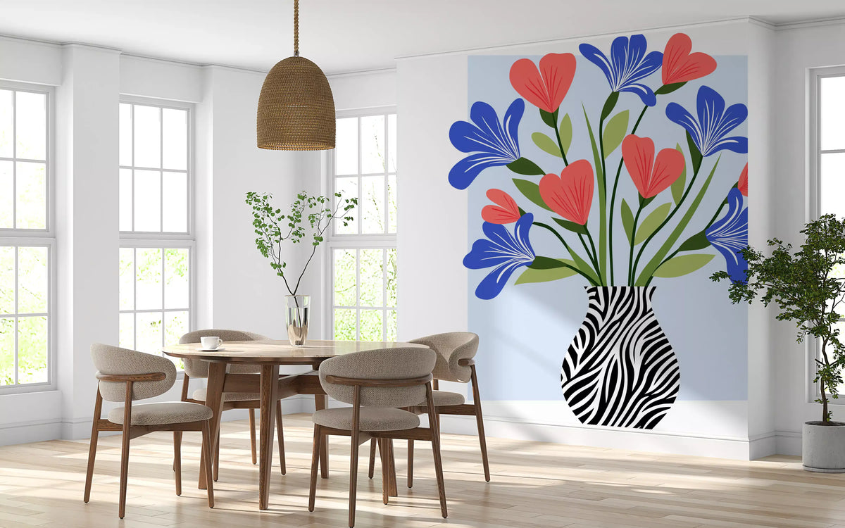 Fototapeta ścienna z boho wazonem w kwiaty i wzorem w paski