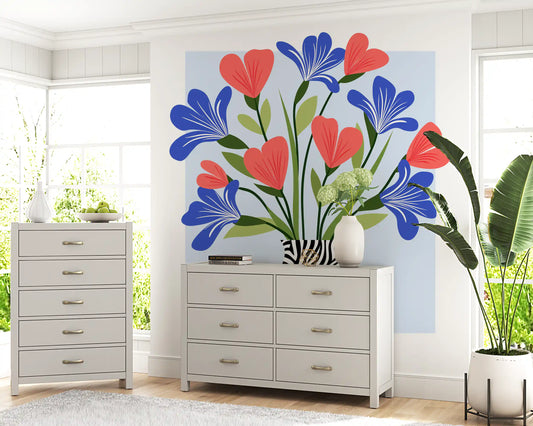 Boho Floral Vase and Stripe Pattern Wall Mural