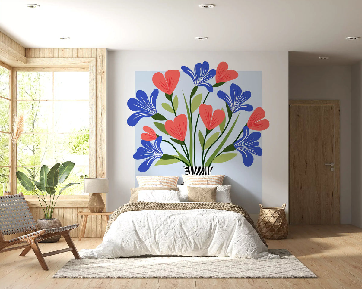 Fototapeta ścienna z boho wazonem w kwiaty i wzorem w paski