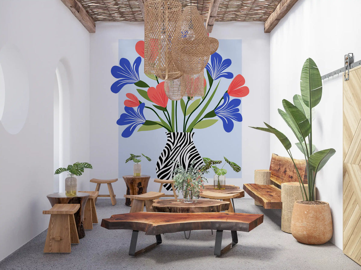 Fototapeta ścienna z boho wazonem w kwiaty i wzorem w paski