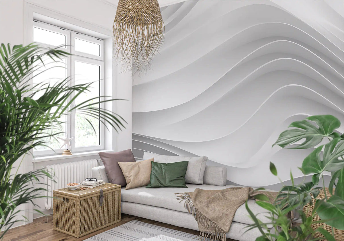 Abstrakt hvid vægmaleri med arkitektoniske lag