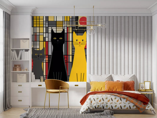 Geometrisches Wandbild mit drei Katzen