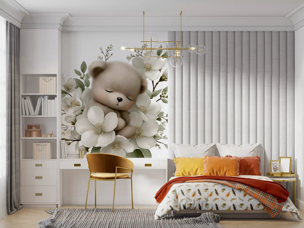 Wandbild „Schlafender Bär in weißen Blüten“