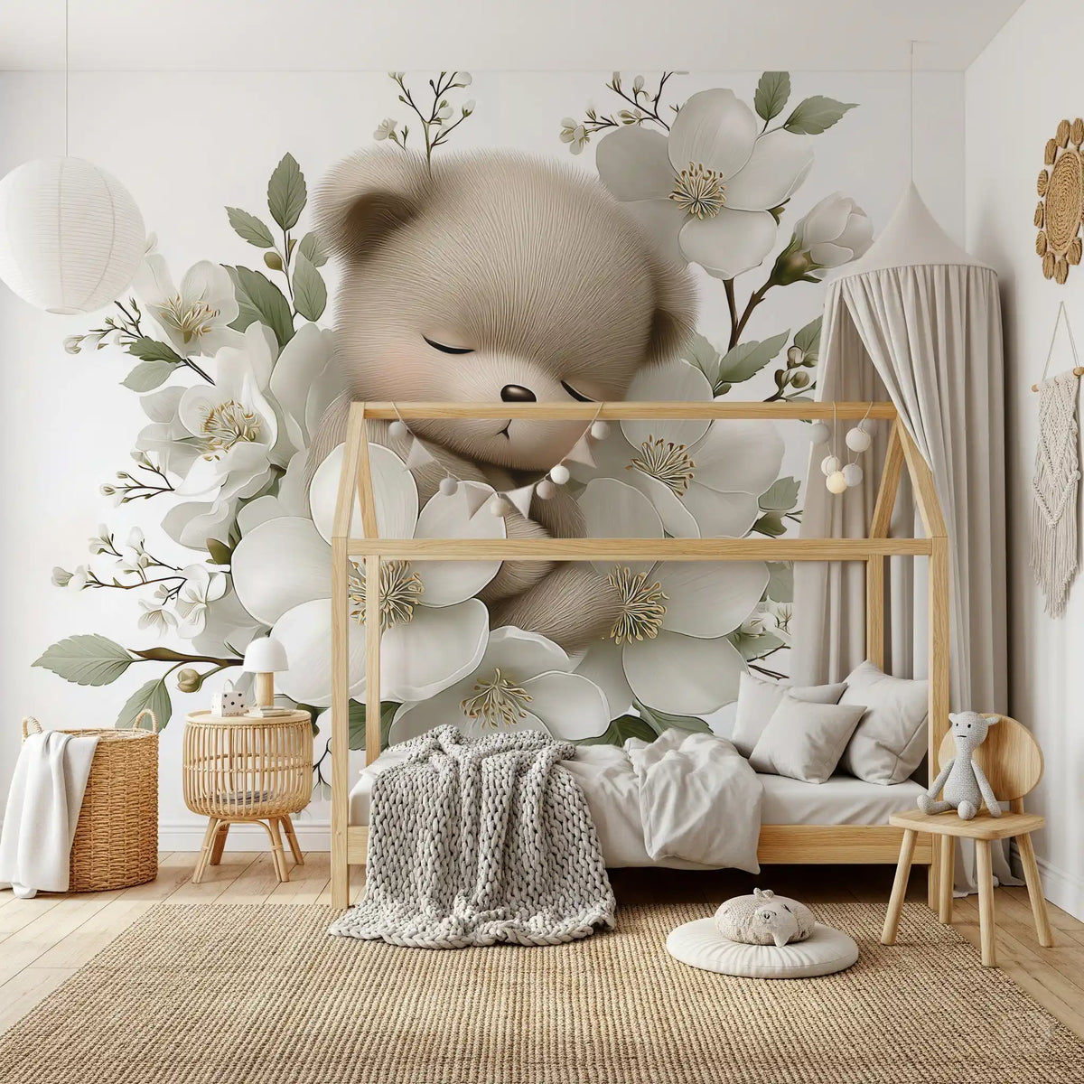 Wandbild „Schlafender Bär in weißen Blüten“