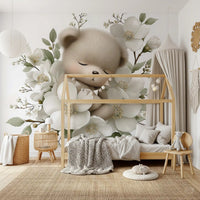 Wandbild „Schlafender Bär in weißen Blüten“