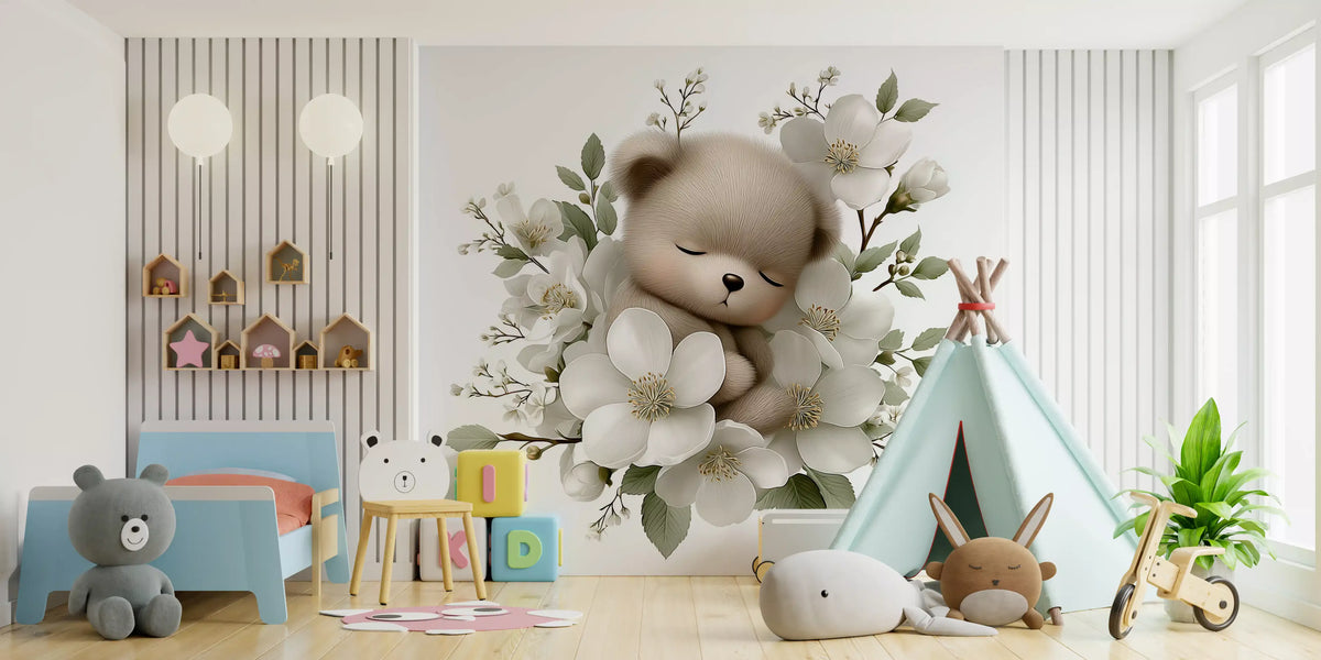 Wandbild „Schlafender Bär in weißen Blüten“