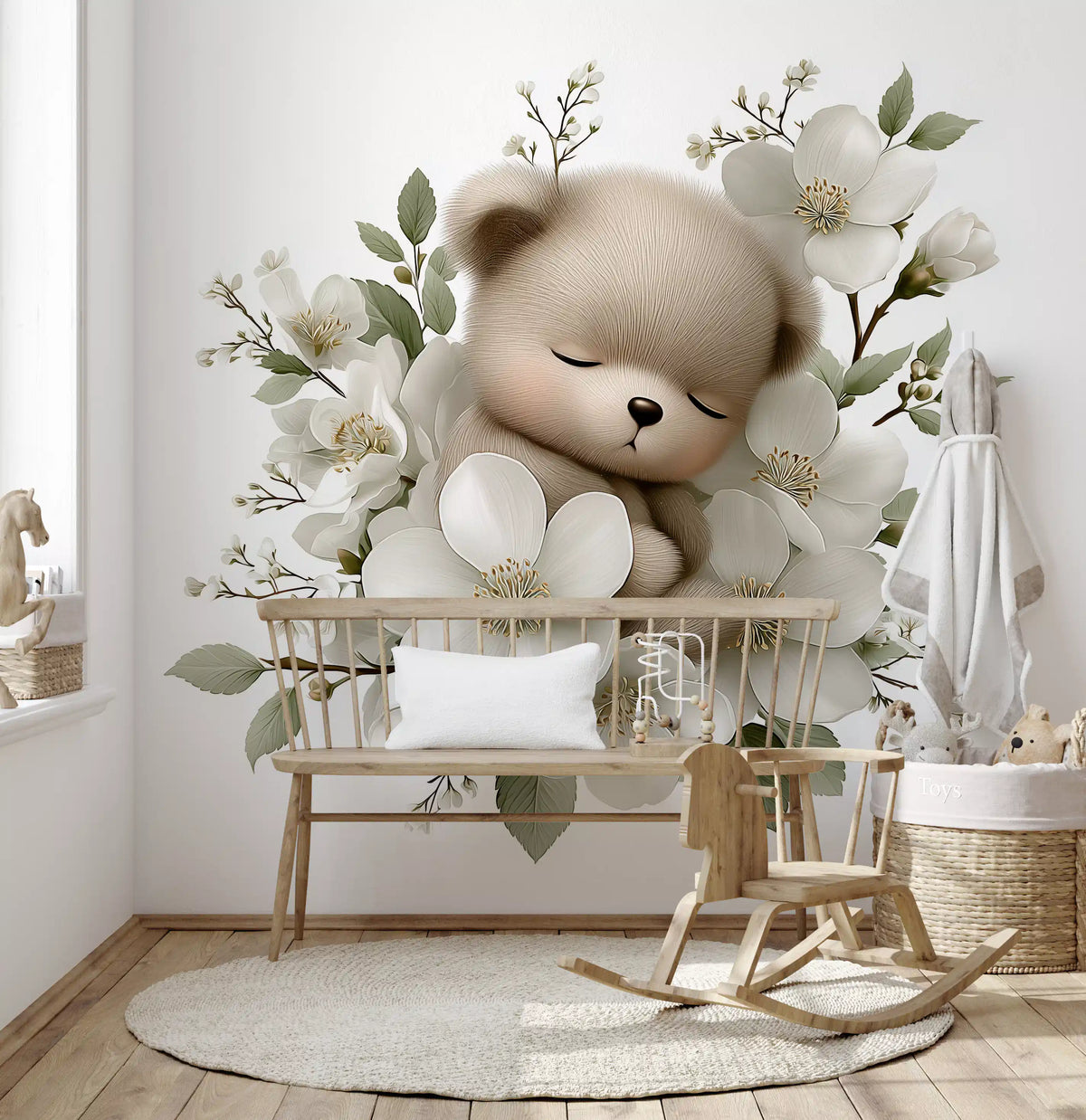 Wandbild „Schlafender Bär in weißen Blüten“