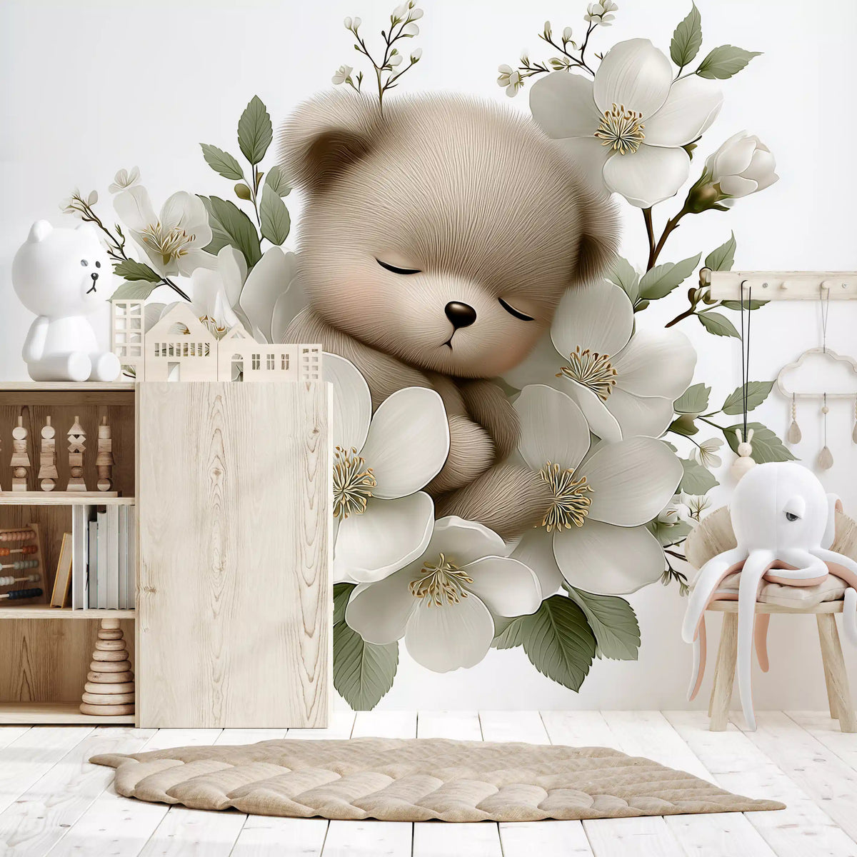 Wandbild „Schlafender Bär in weißen Blüten“