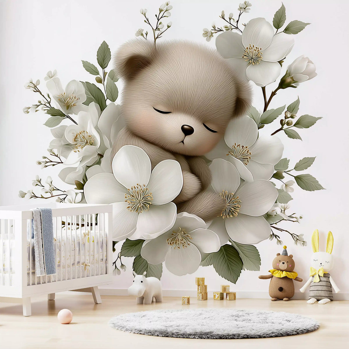 Wandbild „Schlafender Bär in weißen Blüten“