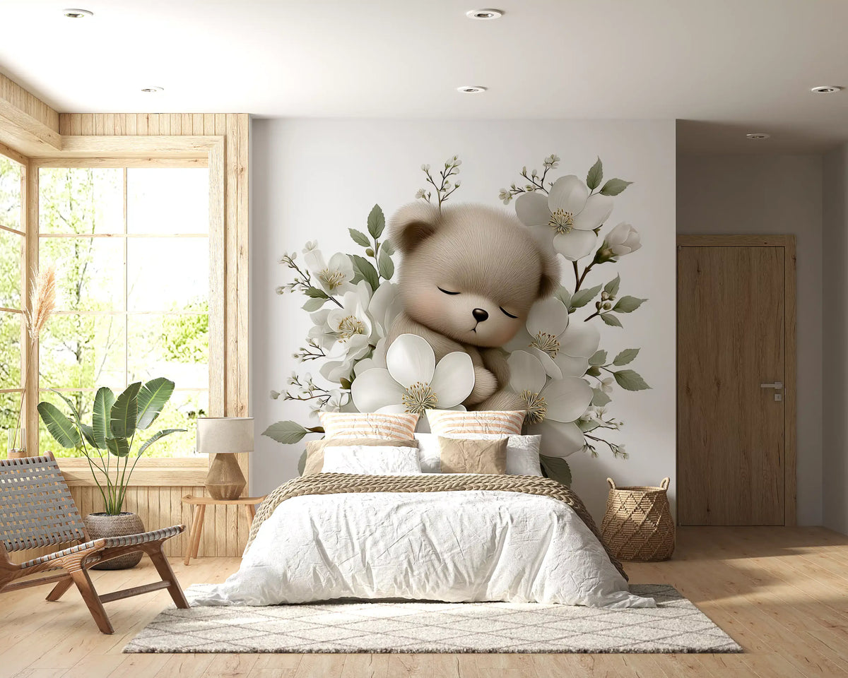 Wandbild „Schlafender Bär in weißen Blüten“