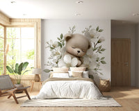 Wandbild „Schlafender Bär in weißen Blüten“