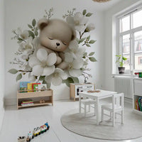 Wandbild „Schlafender Bär in weißen Blüten“