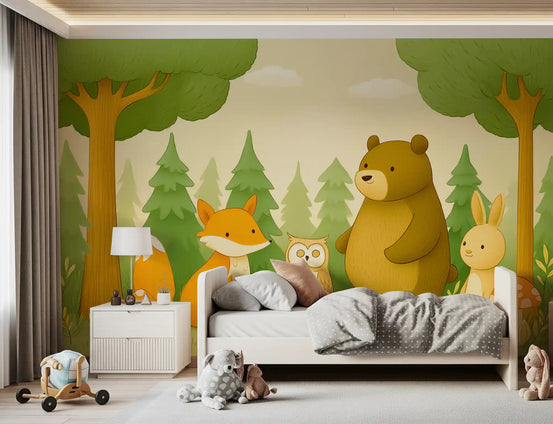 Fresque murale représentant un rassemblement convivial d’animaux de la forêt