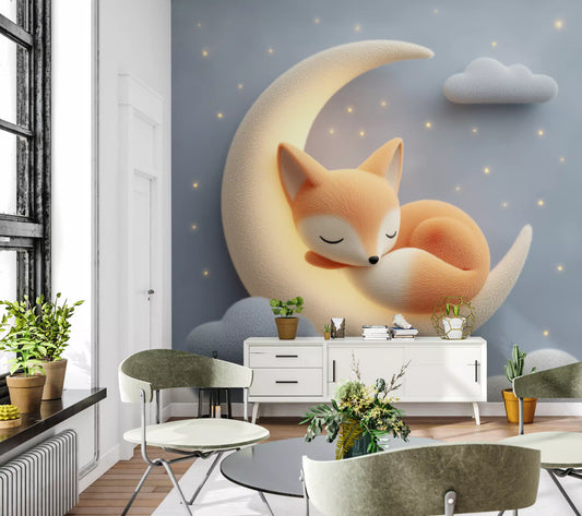 Sleeping Fox on Crescent Moon Wall Mural