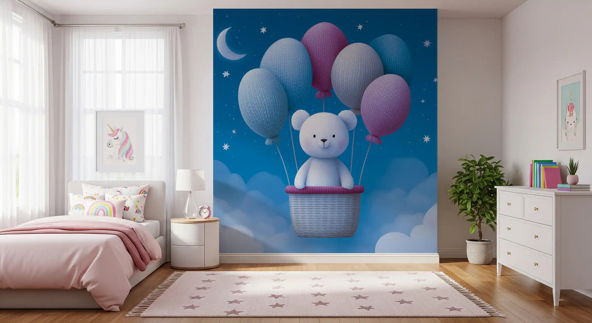 Wandmalerei „Ballonabenteuer am Nachthimmel“