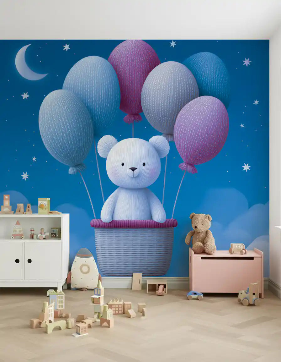 Wandmalerei „Ballonabenteuer am Nachthimmel“