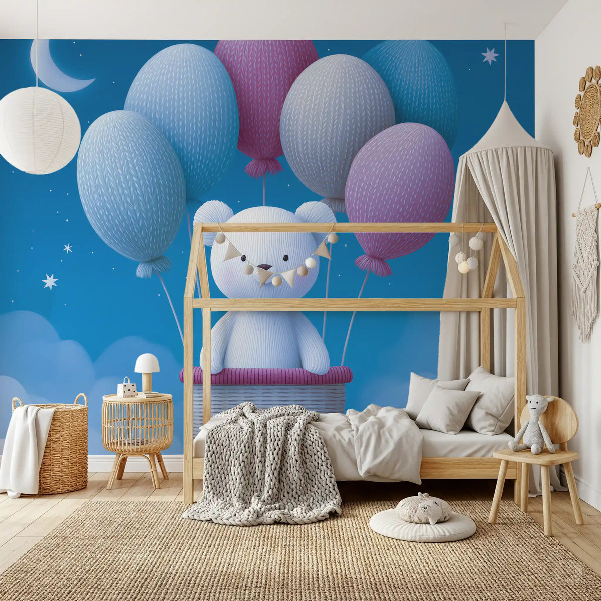 Wandmalerei „Ballonabenteuer am Nachthimmel“
