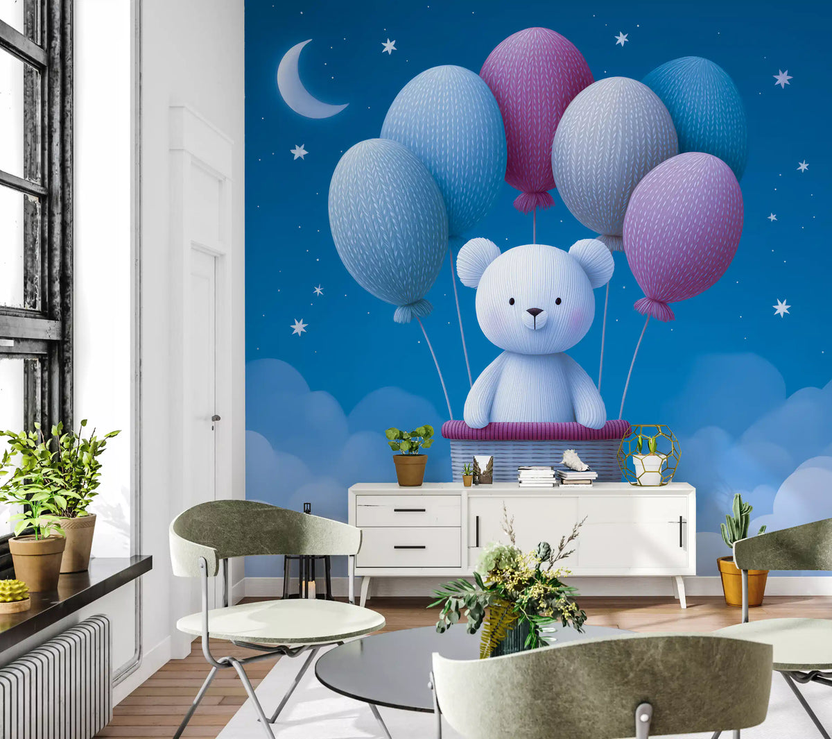 Wandmalerei „Ballonabenteuer am Nachthimmel“
