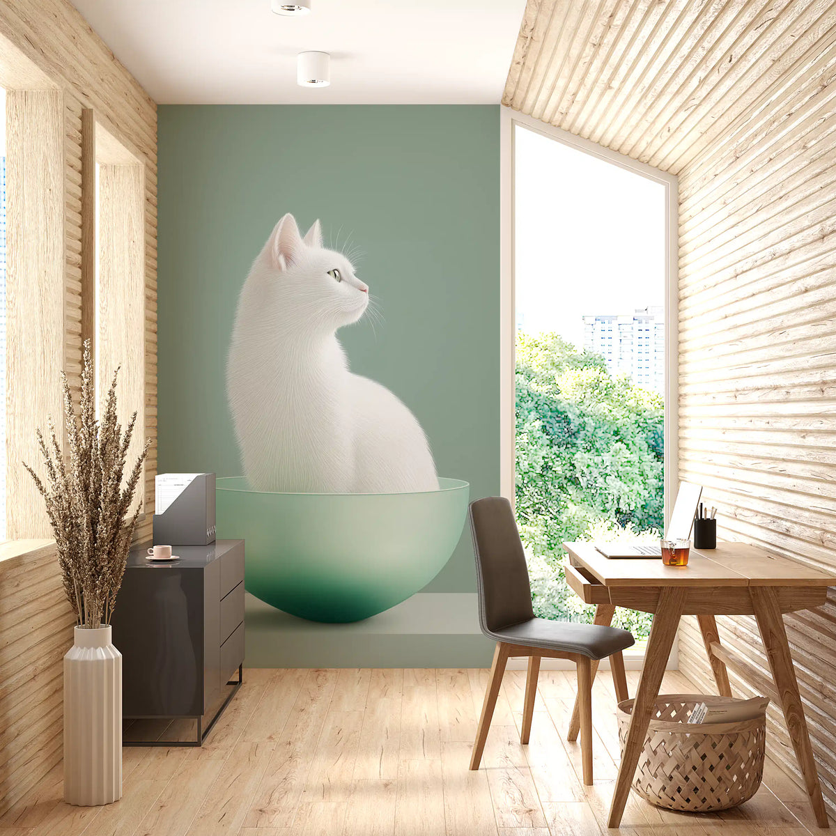 Minimalistisk veggmaleri med hvit katt i mintgrønn skål