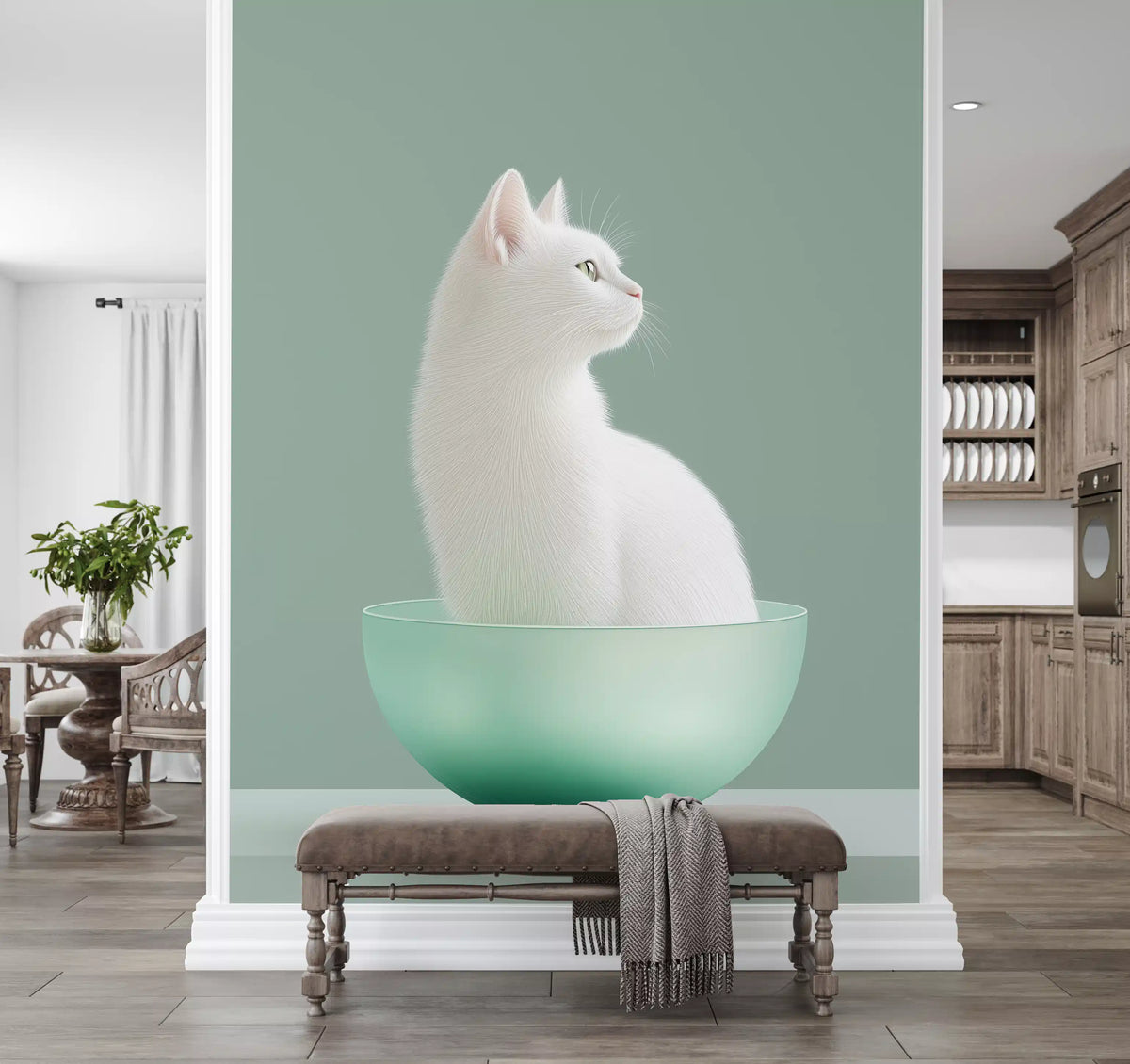 Minimalistisk veggmaleri med hvit katt i mintgrønn skål