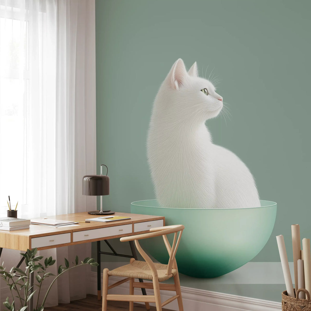 Minimalistisk veggmaleri med hvit katt i mintgrønn skål
