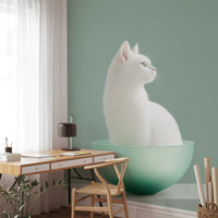 Minimalistisk veggmaleri med hvit katt i mintgrønn skål