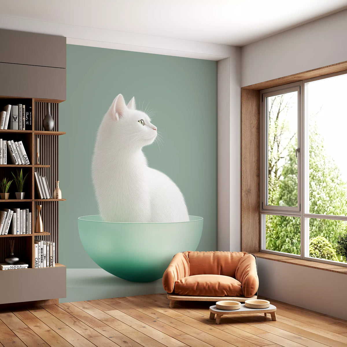 Minimalistisk veggmaleri med hvit katt i mintgrønn skål