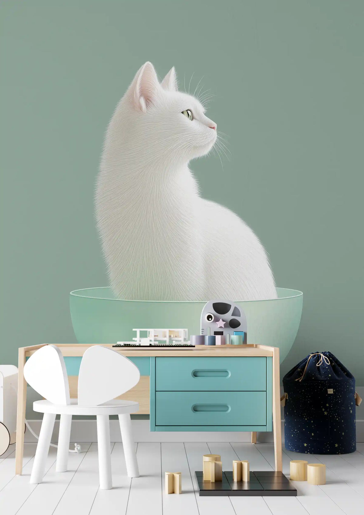 Minimalistisk veggmaleri med hvit katt i mintgrønn skål