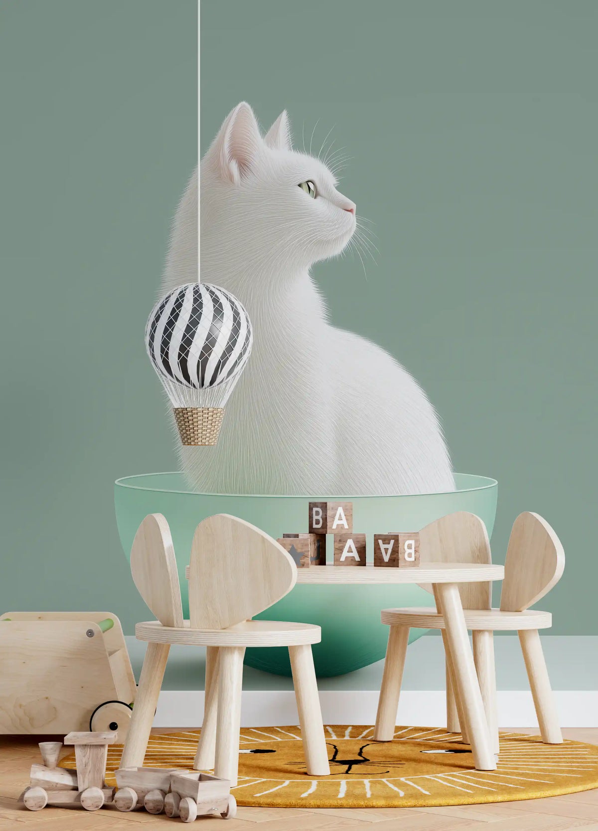Minimalistisk veggmaleri med hvit katt i mintgrønn skål