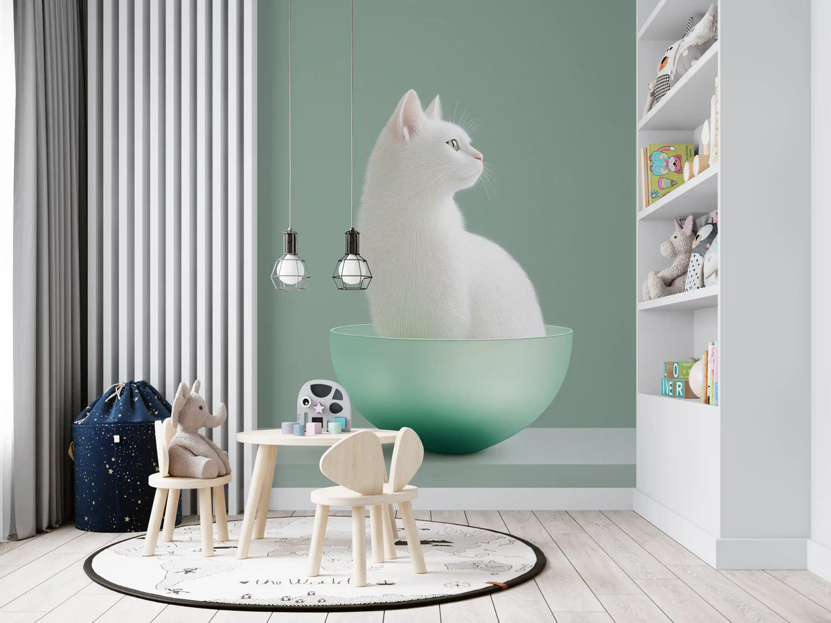 Minimalistisk veggmaleri med hvit katt i mintgrønn skål