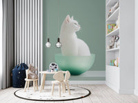 Minimalistisk veggmaleri med hvit katt i mintgrønn skål