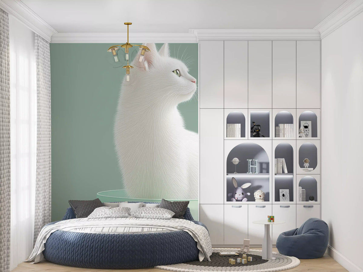 Minimalistisk veggmaleri med hvit katt i mintgrønn skål