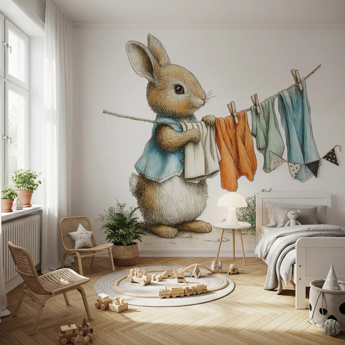 Papier peint panoramique mural Woodland Bunny - Jour de lessive