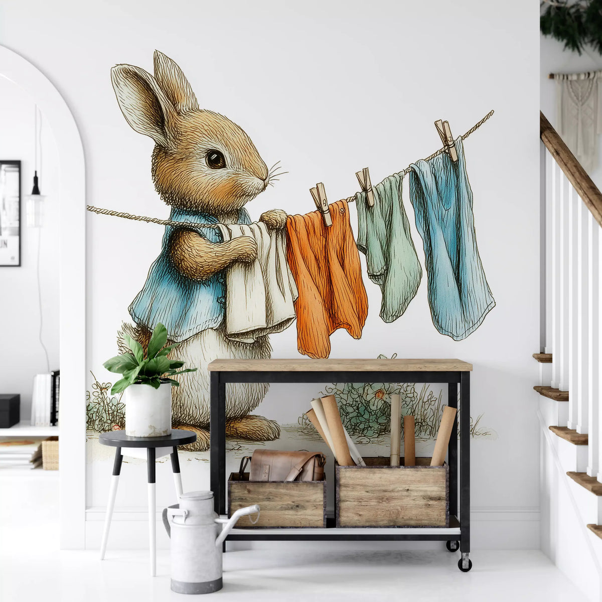 Papier peint panoramique mural Woodland Bunny - Jour de lessive